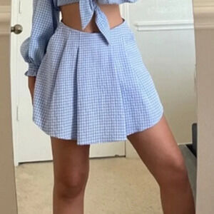 Zara Textured Gingham Split Skirt Blue White  Size Medium